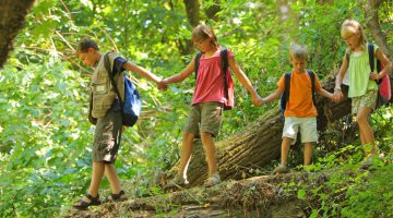 kids holding hands on hiking trail